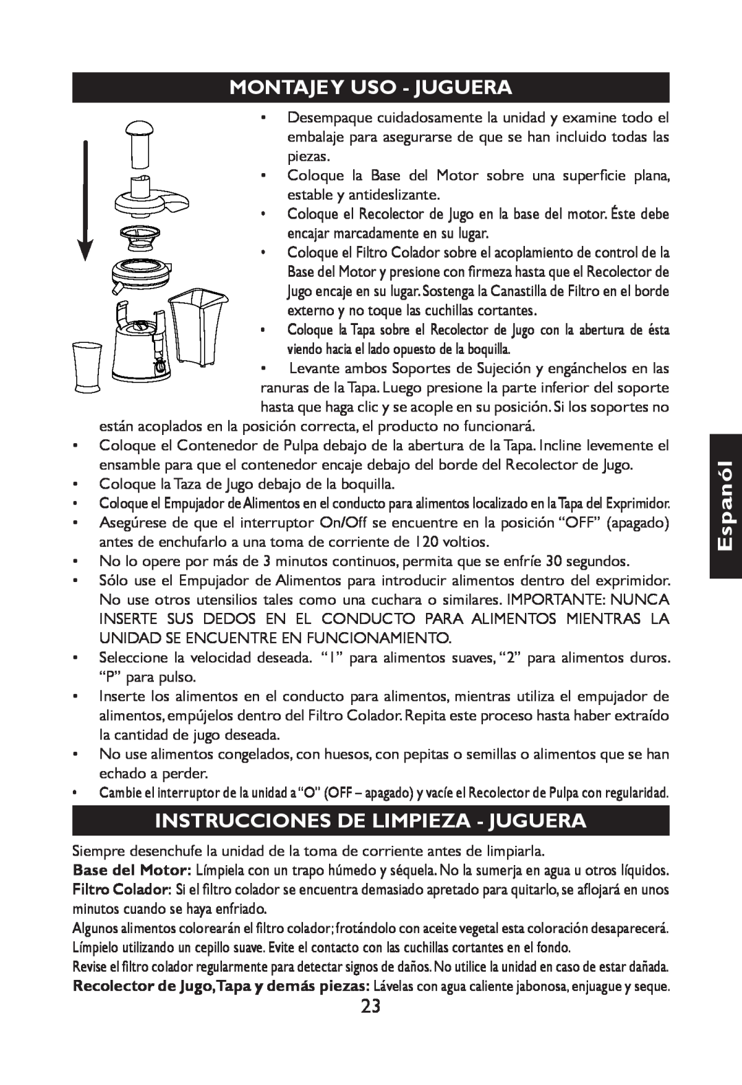 Nesco JB-50 manual Espanól, Montajey Uso - Juguera, Instrucciones Delimpieza - Juguera 