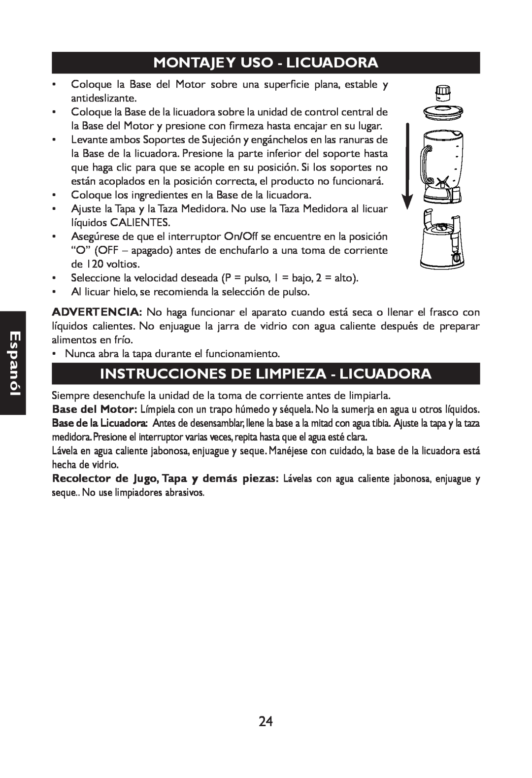 Nesco JB-50 manual Montajey Uso -Licuadora, Instrucciones Delimpieza -Licuadora, Espanól 
