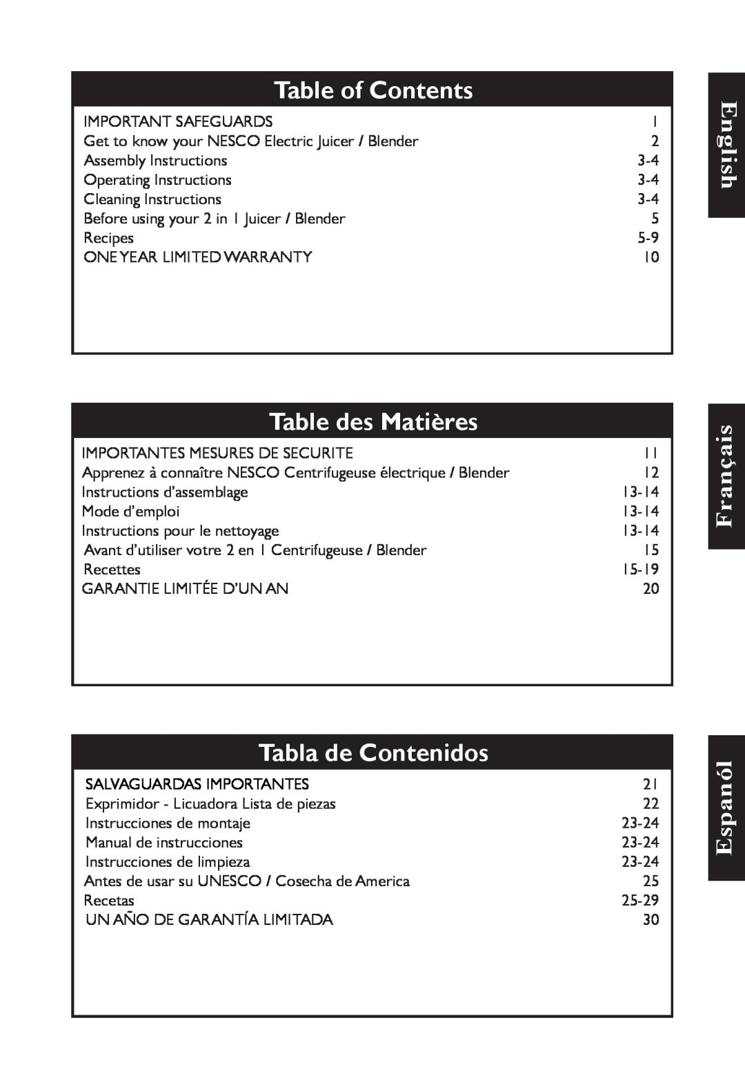 Nesco JB-50 manual English, Table of Contents, Table des Matières, Tabla de Contenidos 