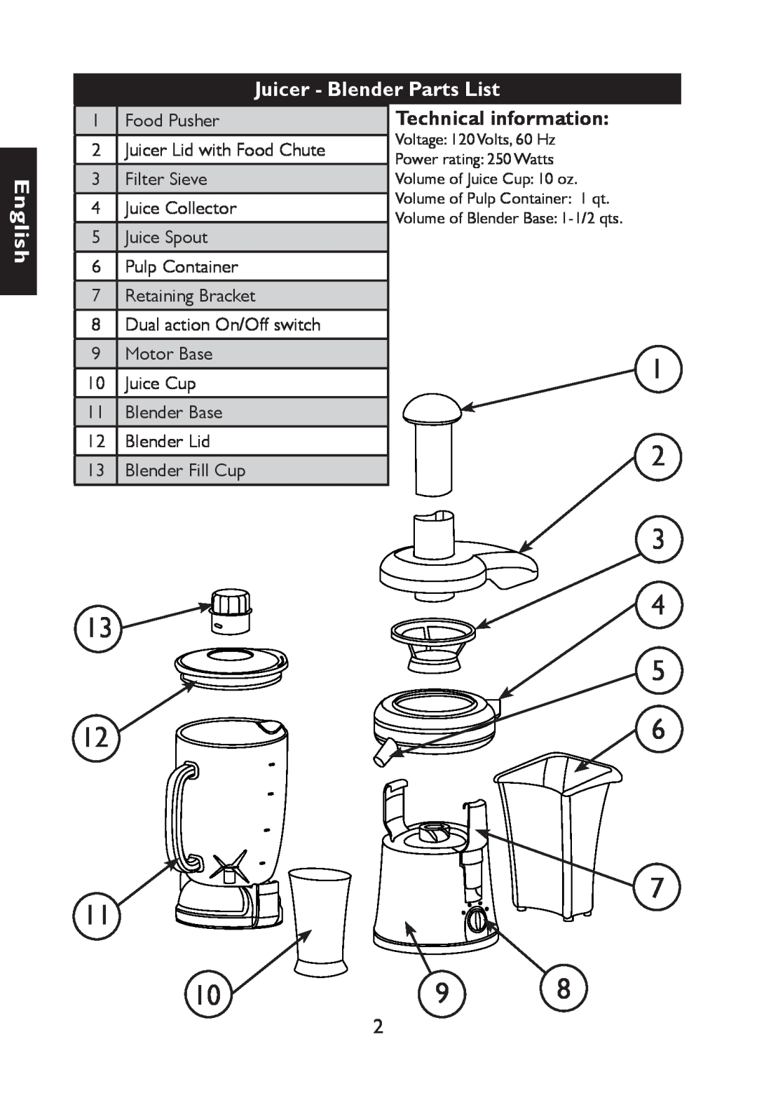 Nesco JB-50 manual English, Juicer - Blender Parts List, Technical information 