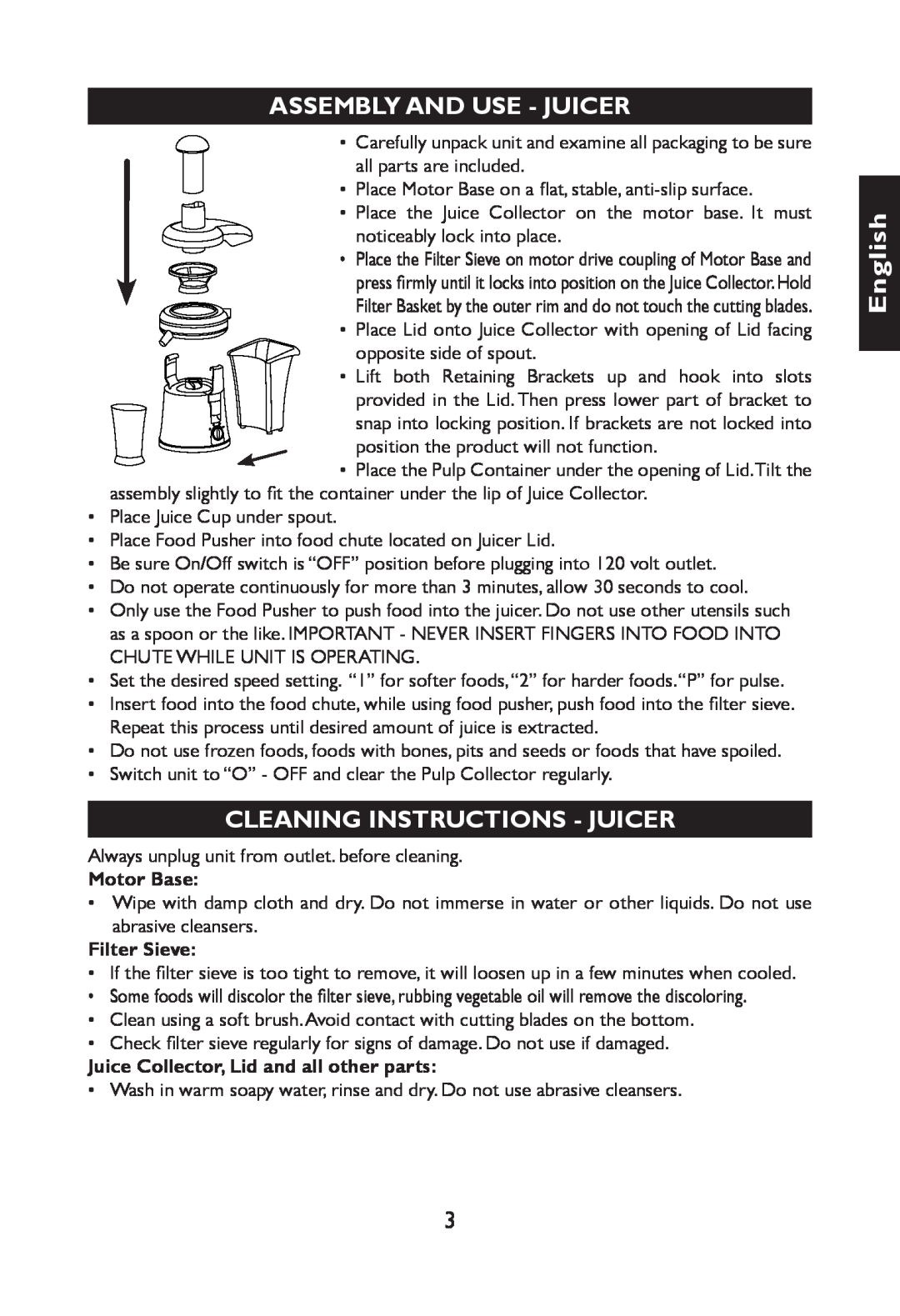 Nesco JB-50 manual Assembly And Use- Juicer, Cleaning Instructions - Juicer, English, Motor Base, Filter Sieve 