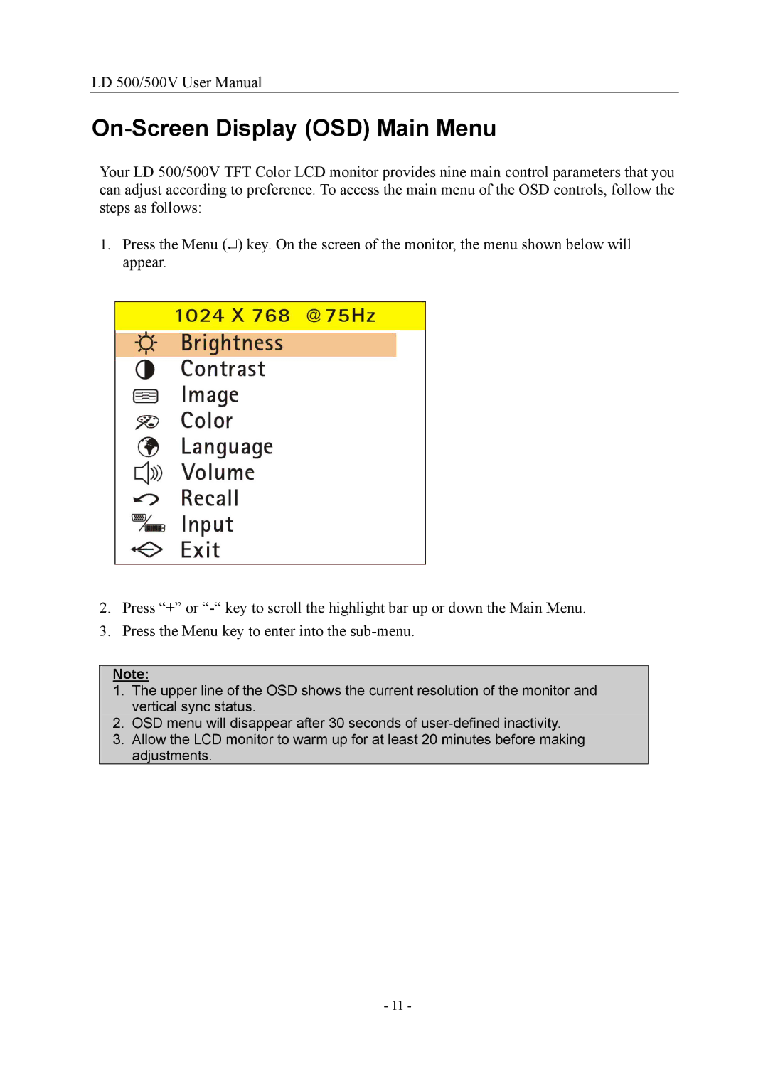 Nesco LD 500/500V 15 user manual On-Screen Display OSD Main Menu 