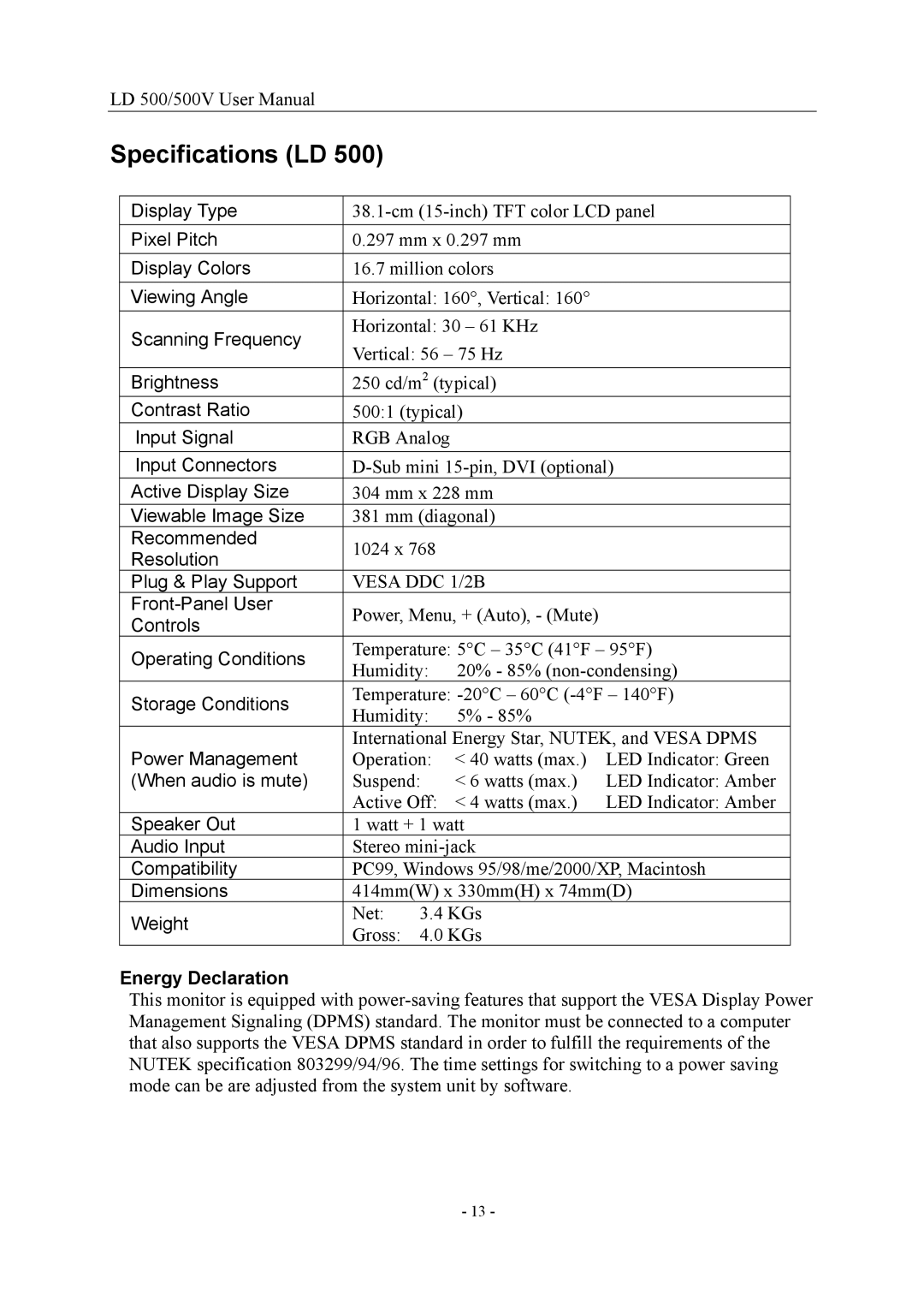 Nesco LD 500/500V 15 user manual Specifications LD, Energy Declaration 