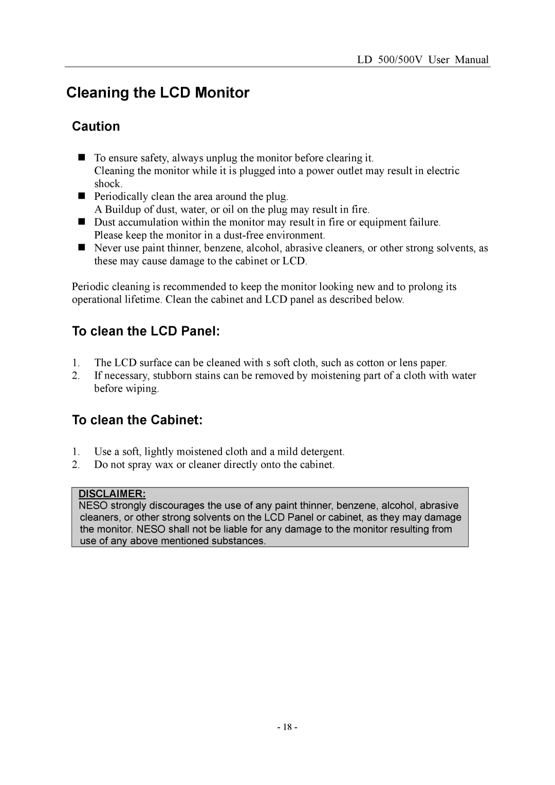 Nesco LD 500/500V 15 user manual Cleaning the LCD Monitor, To clean the LCD Panel 