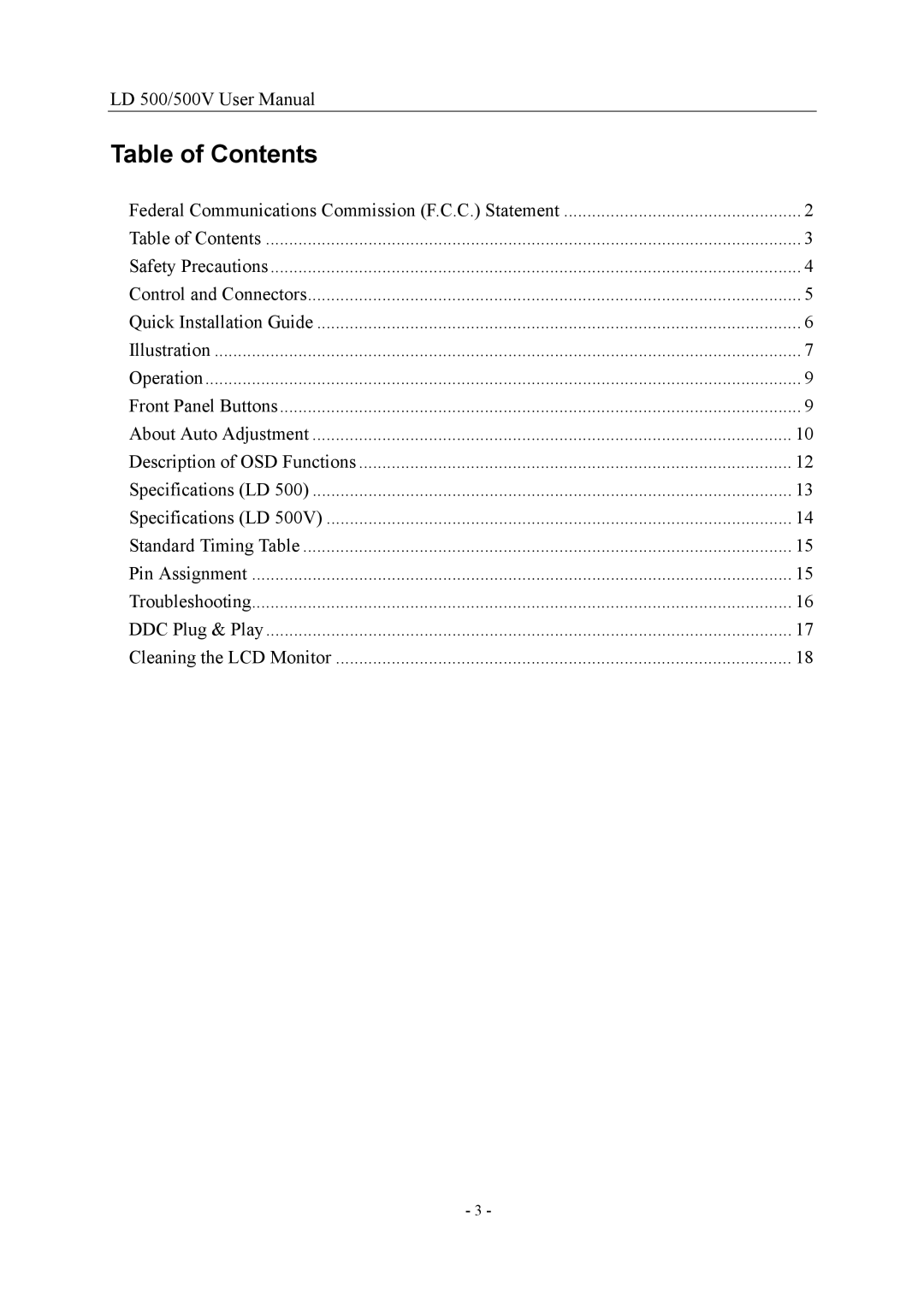 Nesco LD 500/500V 15 user manual Table of Contents 