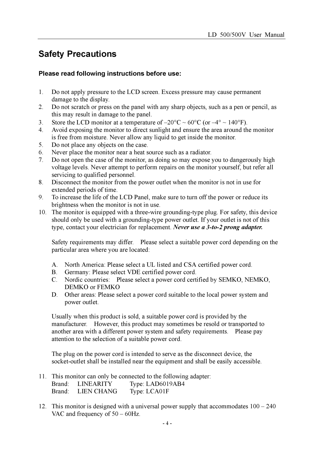 Nesco LD 500/500V 15 user manual Safety Precautions, Please read following instructions before use 