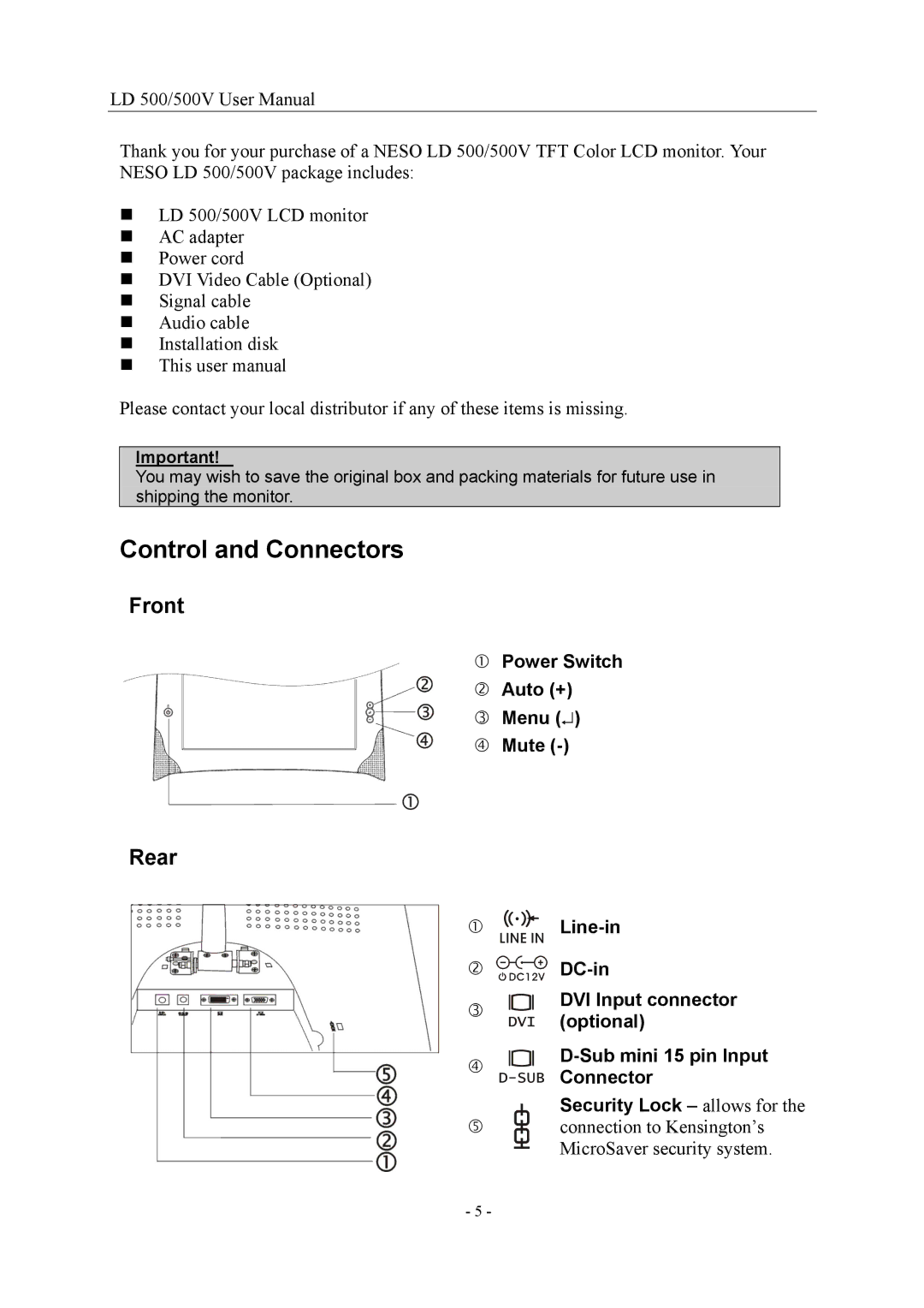 Nesco LD 500/500V 15 user manual Control and Connectors, Power Switch Auto + Menu Mute 