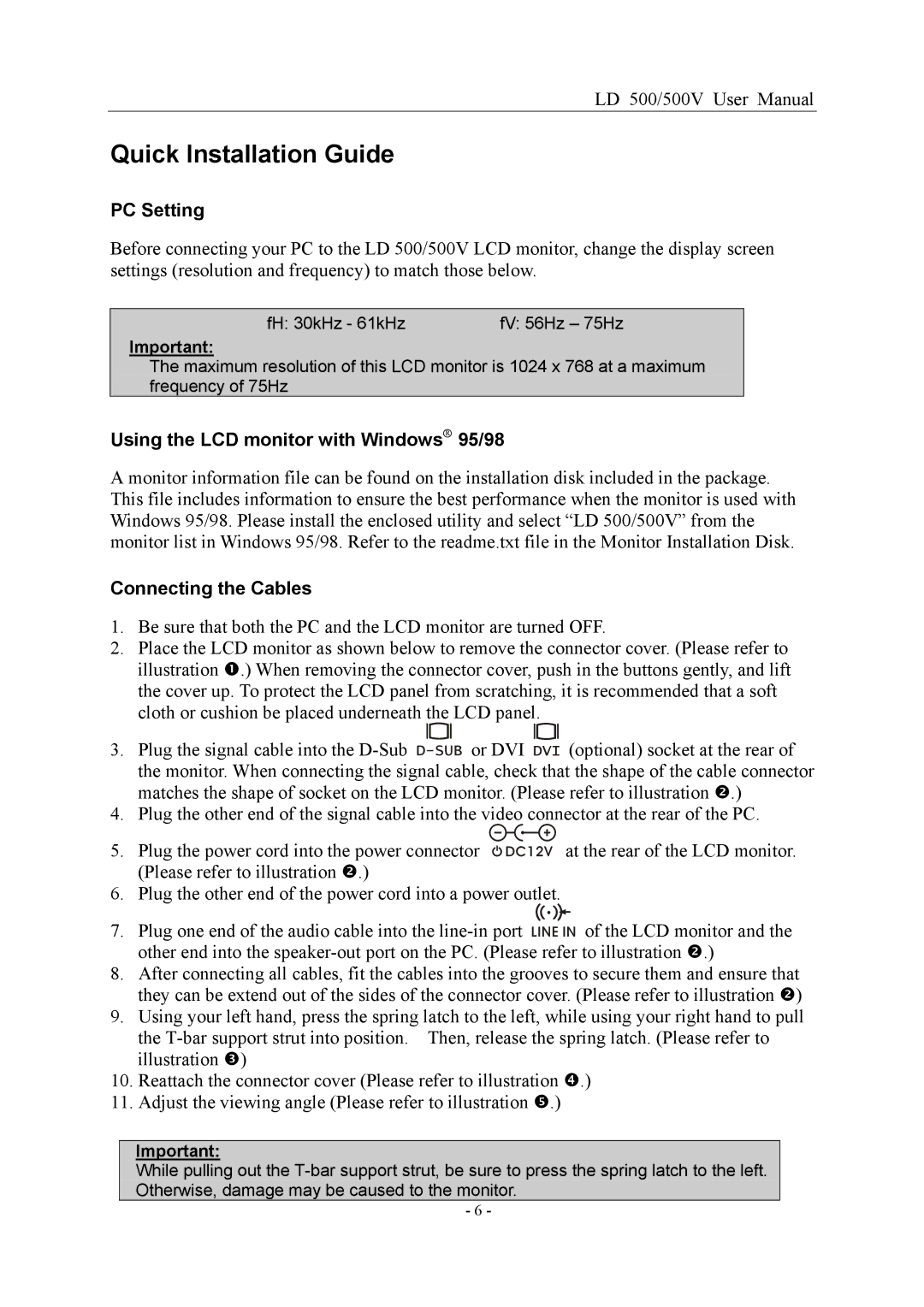 Nesco LD 500/500V 15 user manual Quick Installation Guide, PC Setting, Using the LCD monitor with Windows 95/98 