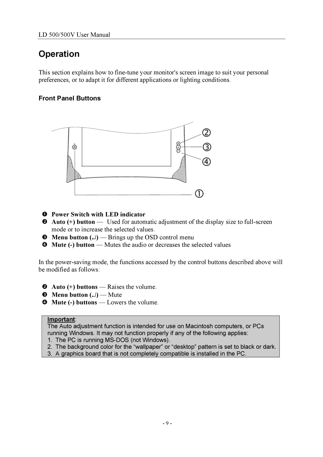 Nesco LD 500/500V 15 user manual Operation, Front Panel Buttons 