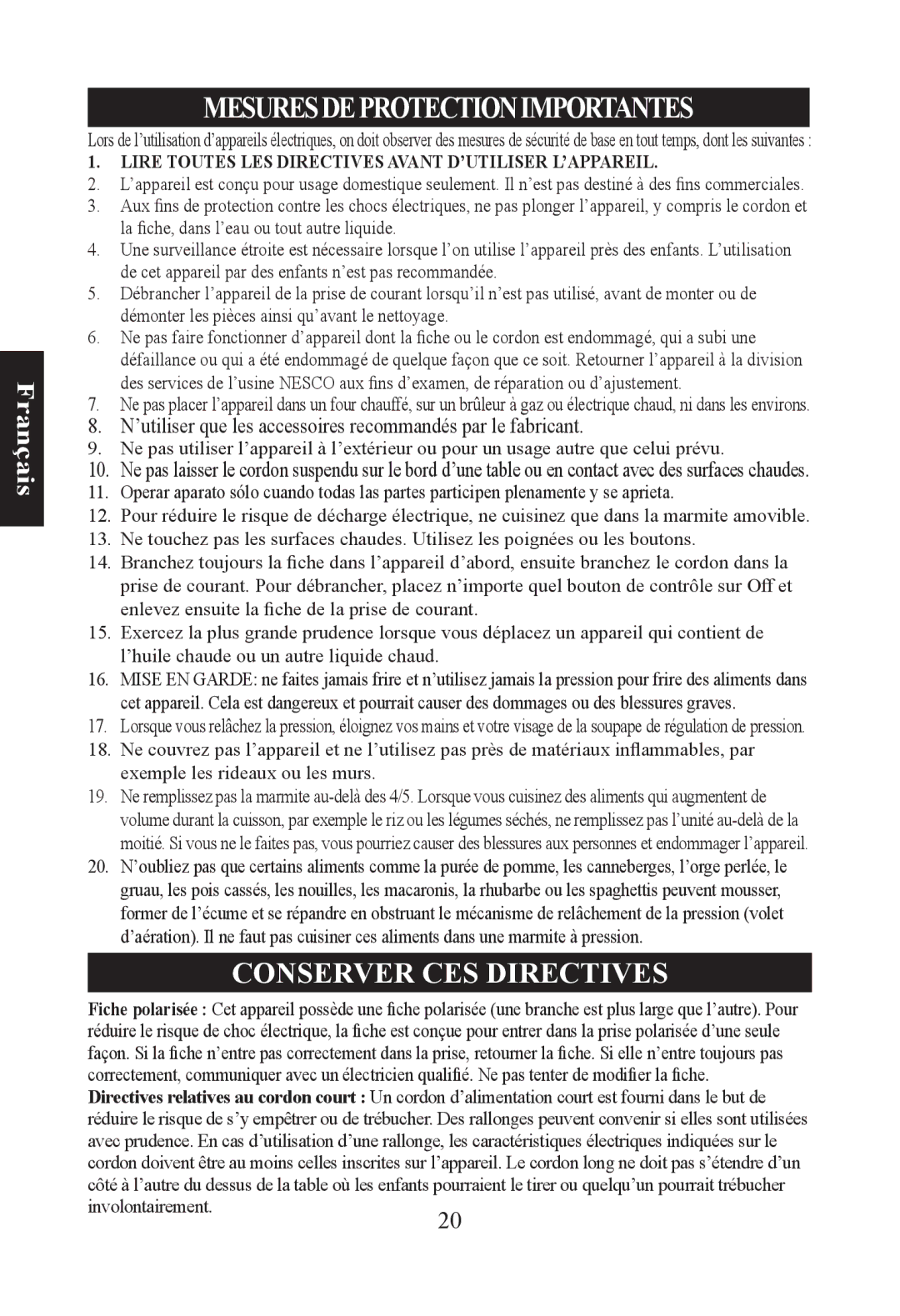 Nesco PC-6-25 manual Lire Toutes LES Directives Avant D’UTILISER L’APPAREIL, Involontairement.20 