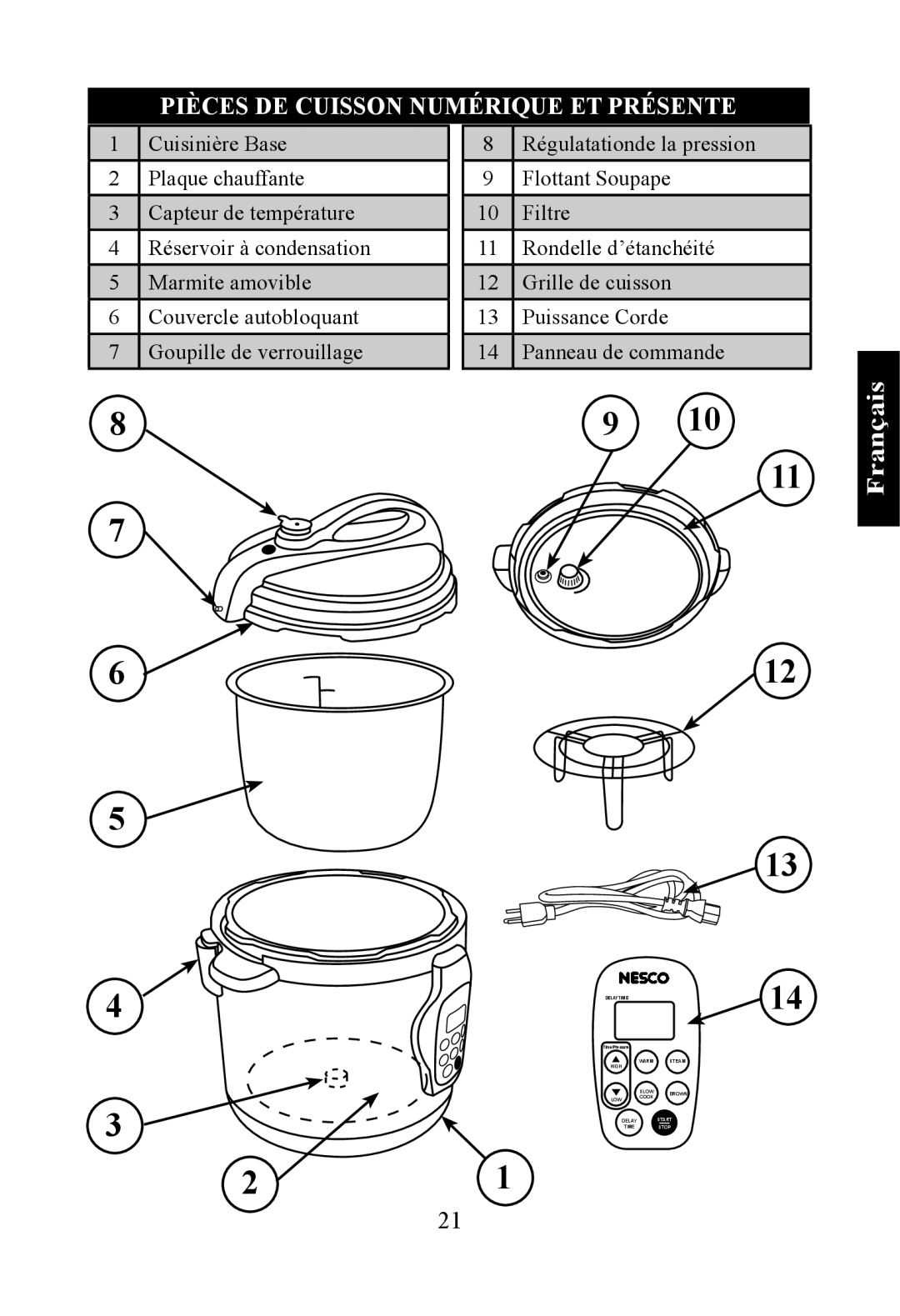 Nesco PC-6-25 manual Pièces DE Cuisson Numérique ET Présente 