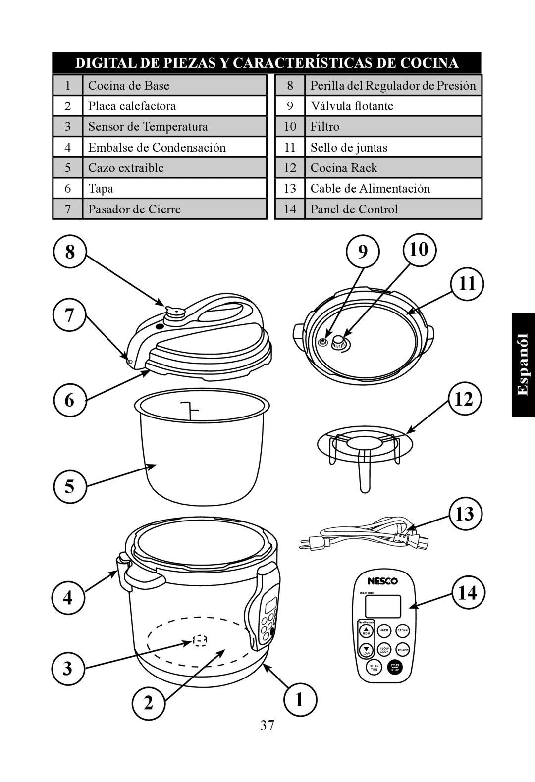 Nesco PC-6-25 manual Digital DE Piezas Y Características DE Cocina 