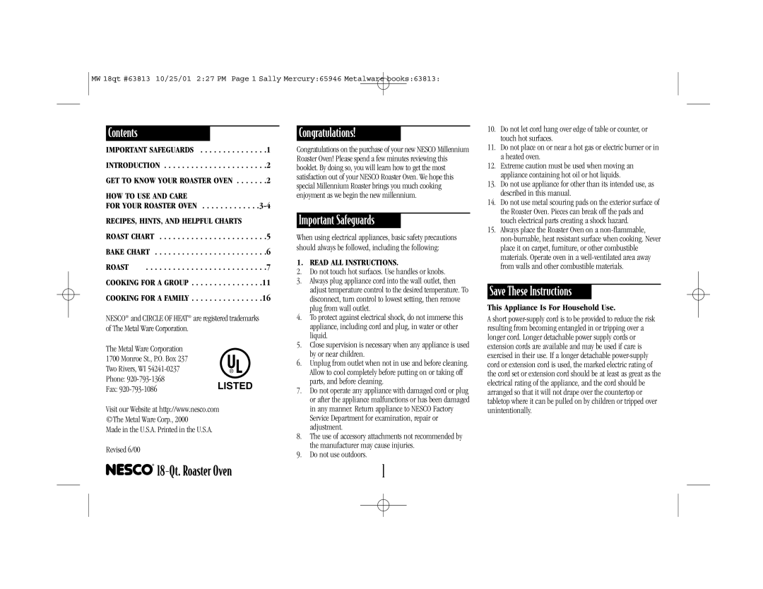 Nesco Roaster Oven manual Contents, Congratulations, Important Safeguards 