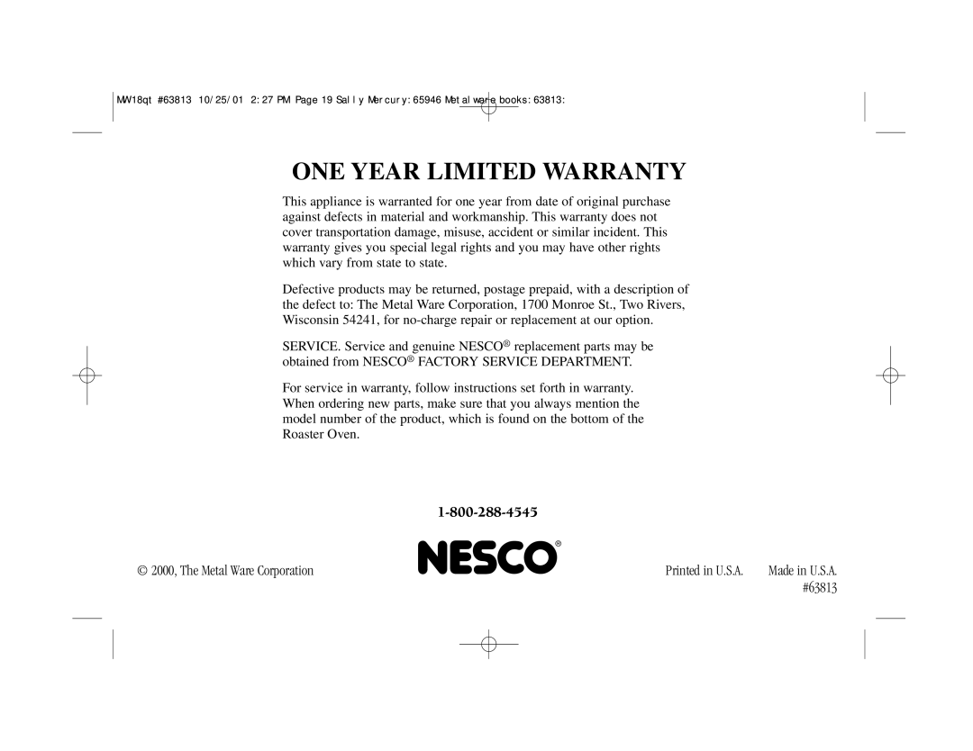 Nesco Roaster Oven manual ONE Year Limited Warranty, Made in U.S.A 