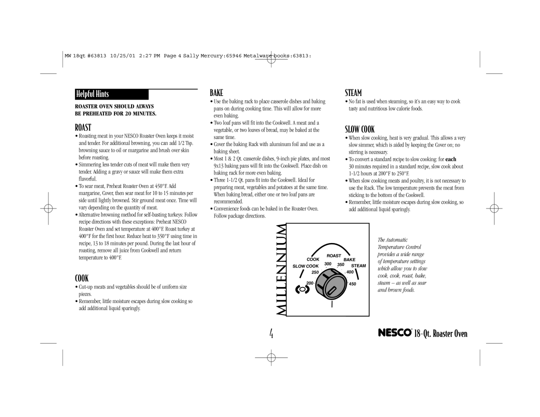 Nesco Roaster Oven Helpful Hints, Before roasting, Flavorful, Vary depending on the quantity of meat, Temperature to 400F 