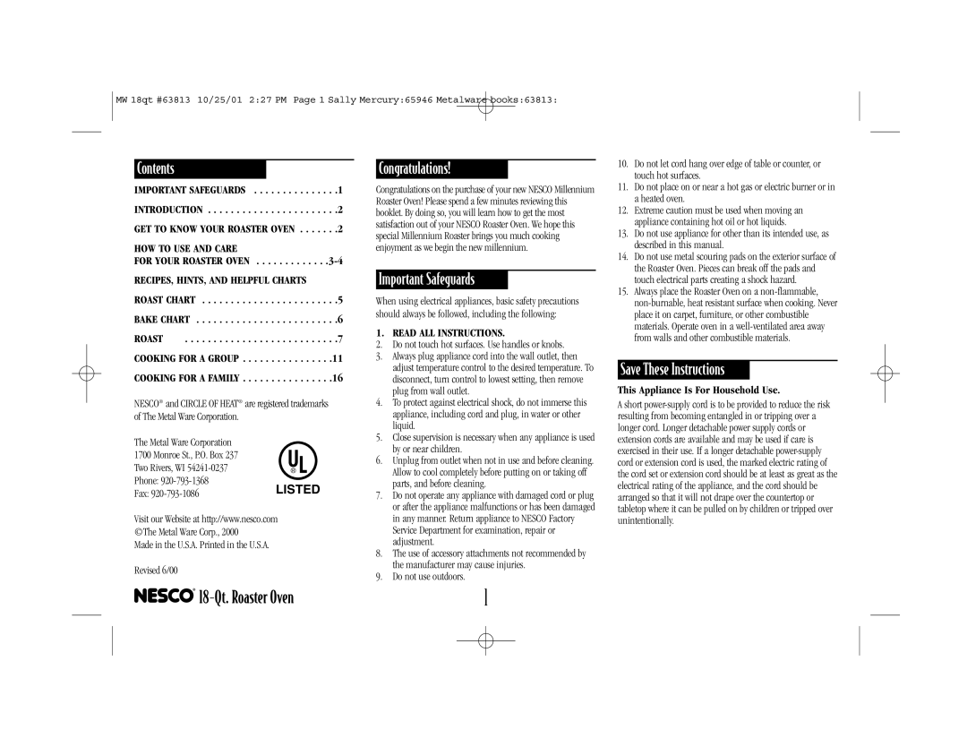 Nesco manual 18-Qt.Roaster Oven, Contents, Congratulations, Important Safeguards, Save These Instructions, Listed 