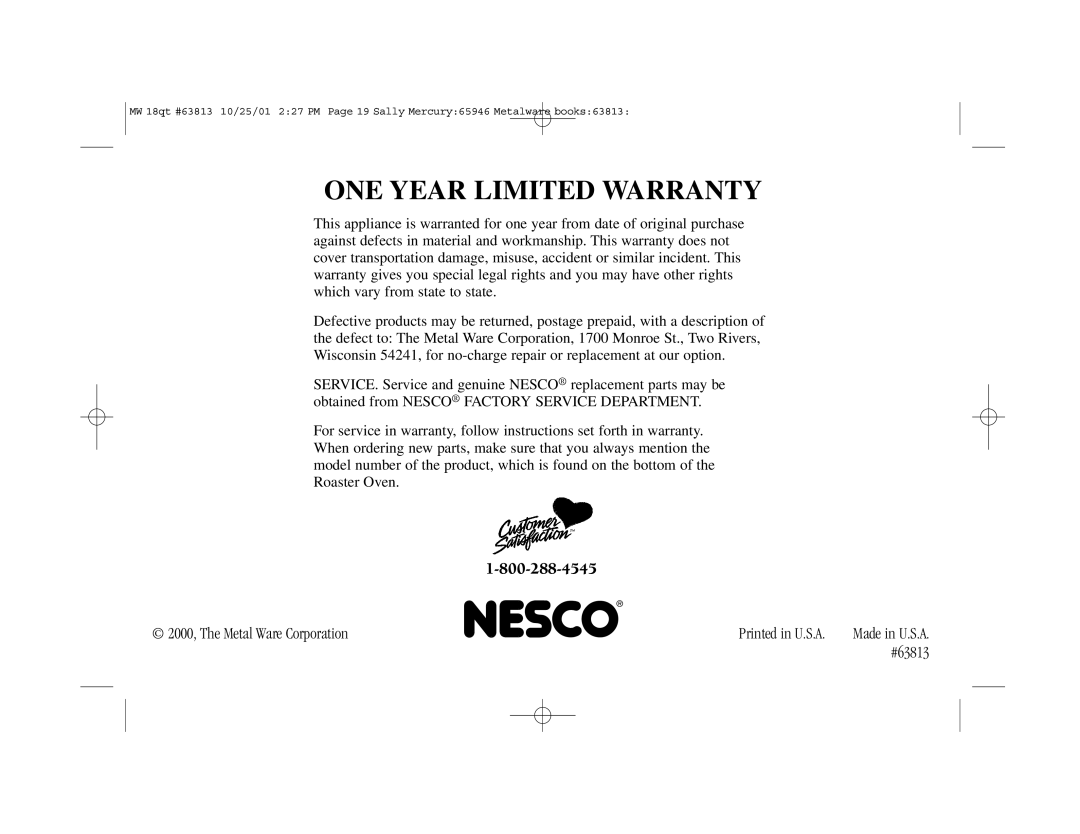 Nesco Roaster Oven manual One Year Limited Warranty, 2000, The Metal Ware Corporation, #63813 