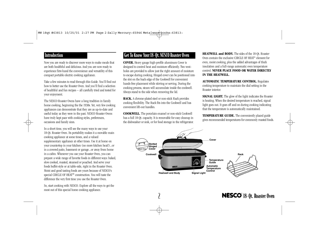 Nesco manual Introduction, Get To Know Your 18-Qt.NESCO Roaster Oven, In The Heatwell, 18-Qt.Roaster Oven 