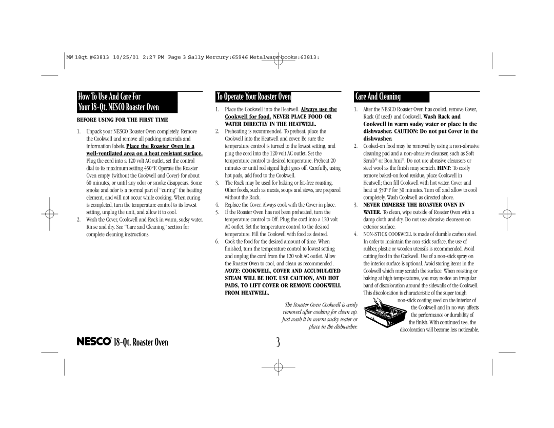 Nesco manual How To Use And Care For, Your 18-Qt.NESCO Roaster Oven, Care And Cleaning, 18-Qt.Roaster Oven, dishwasher 