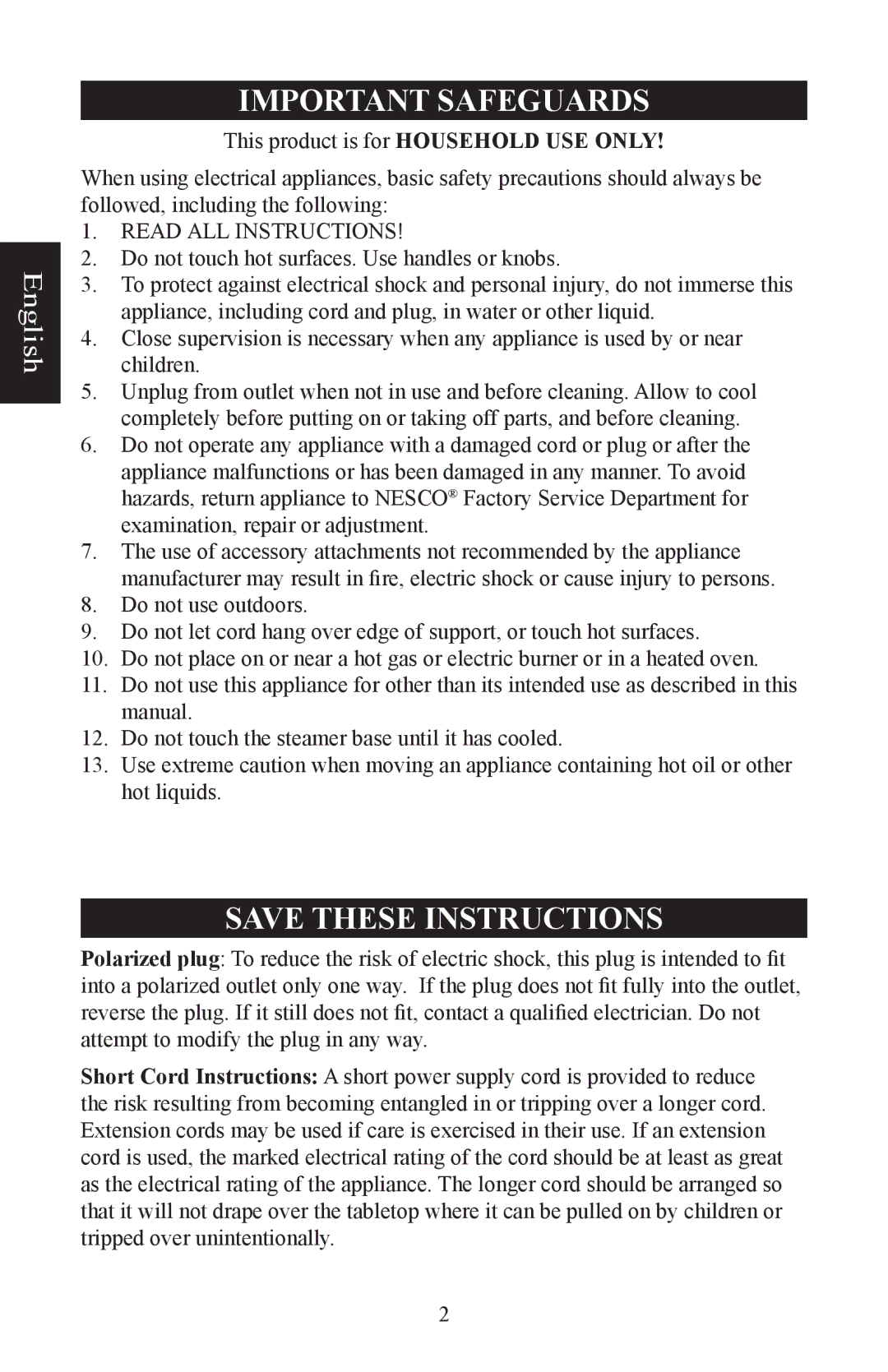 Nesco ST-24 manual Important Safeguards 