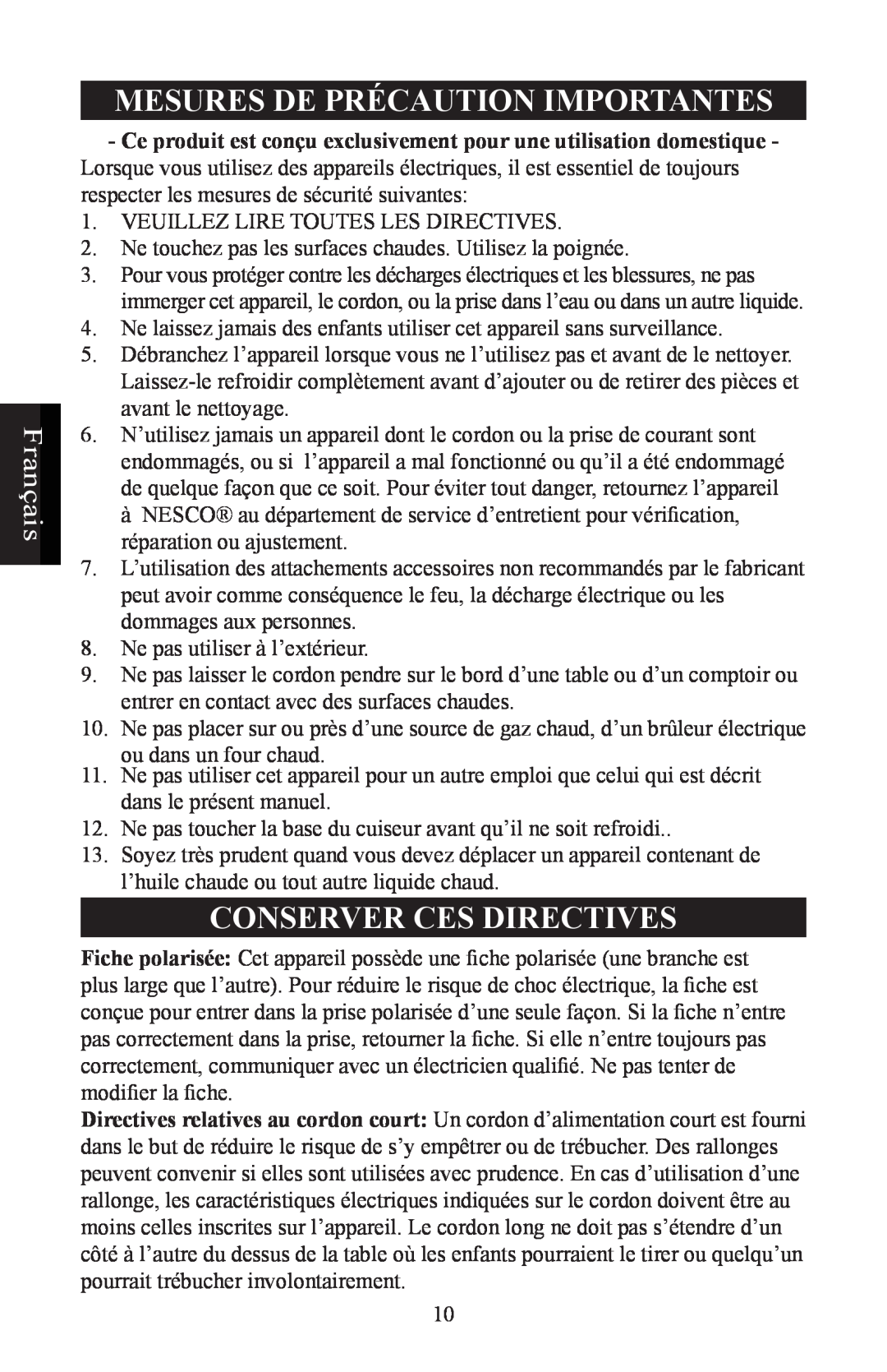 Nesco ST-24 manual Français, Mesures De Précaution Importantes, Conserver Ces Directives 