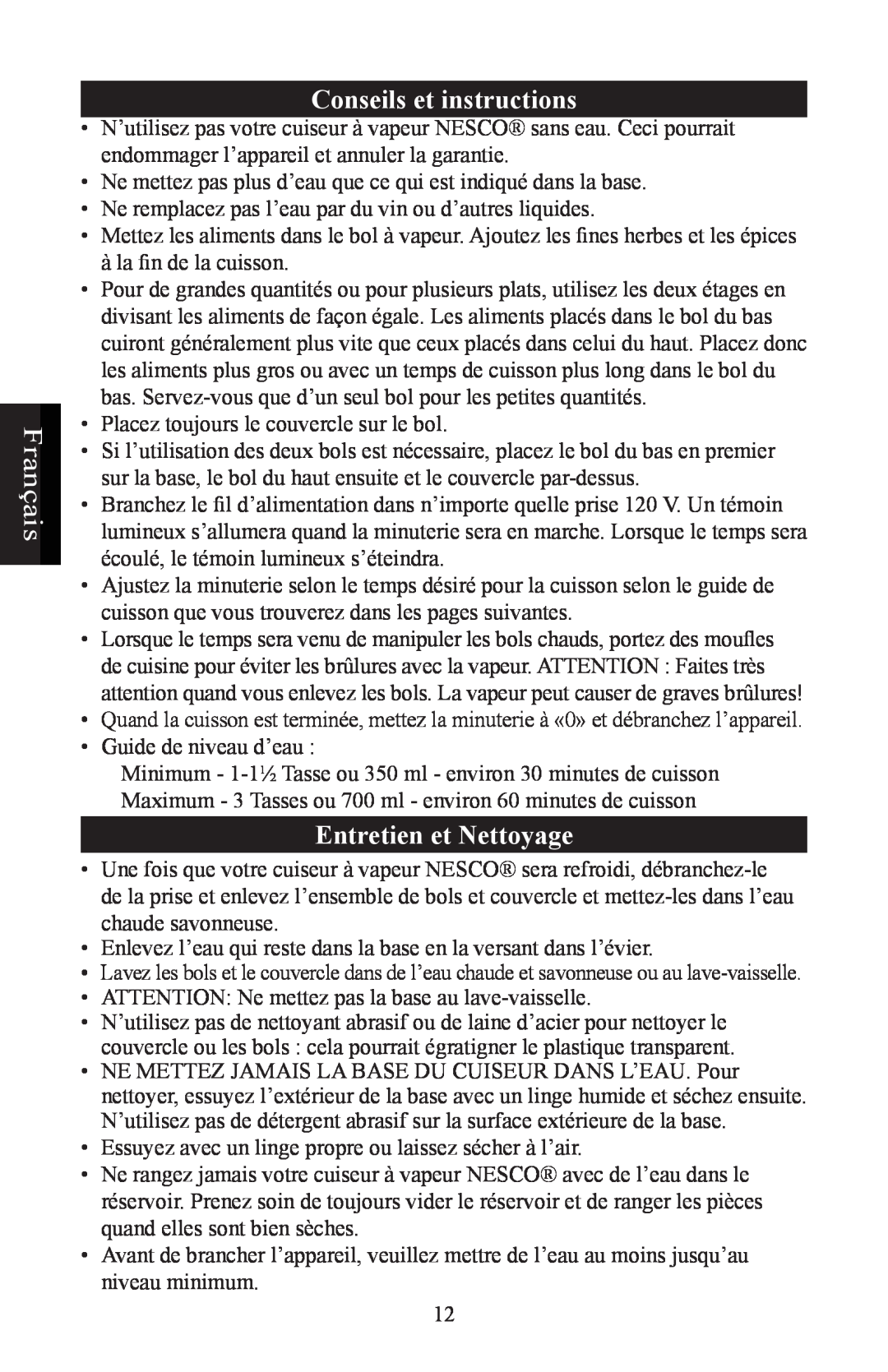 Nesco ST-24 manual Conseils et instructions, Entretien et Nettoyage, Français 