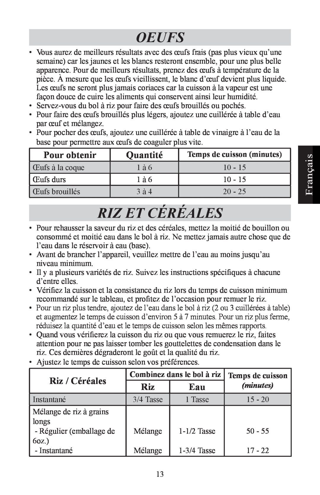 Nesco ST-24 manual Oeufs, Riz Et Céréales, Pour obtenir, Quantité, Riz / Céréales, Français, Temps de cuisson minutes 