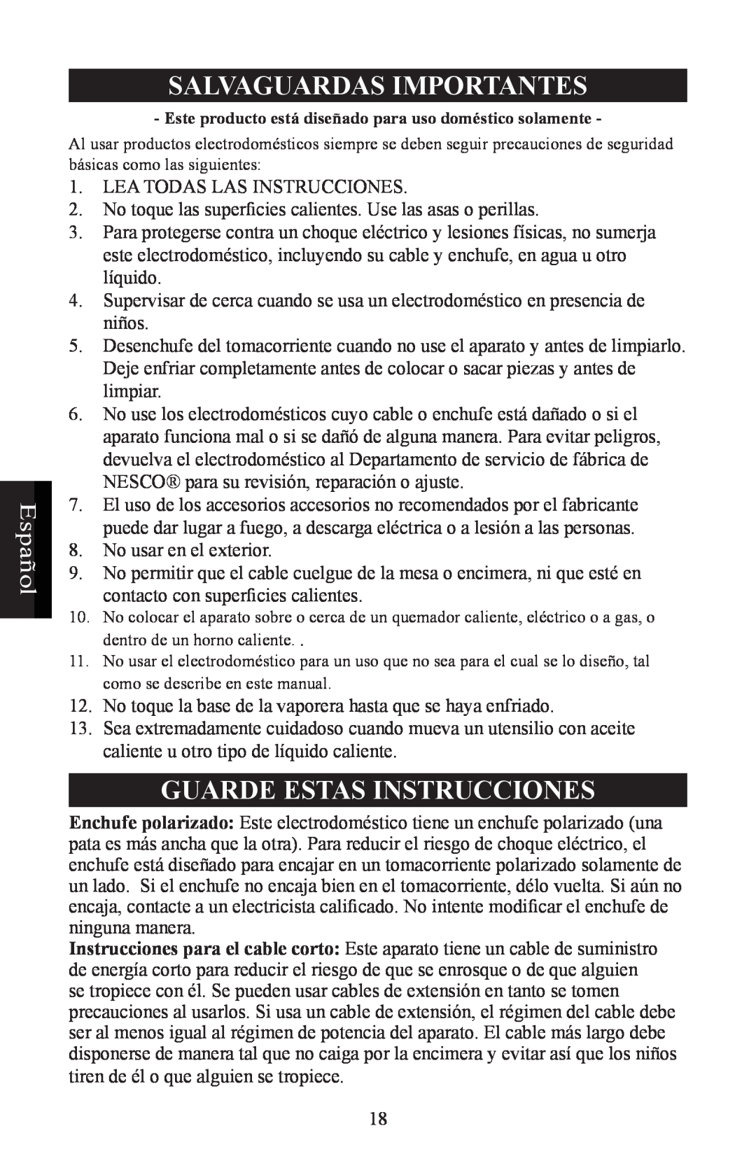 Nesco ST-24 manual Español, Salvaguardas Importantes, Guarde Estas Instrucciones 