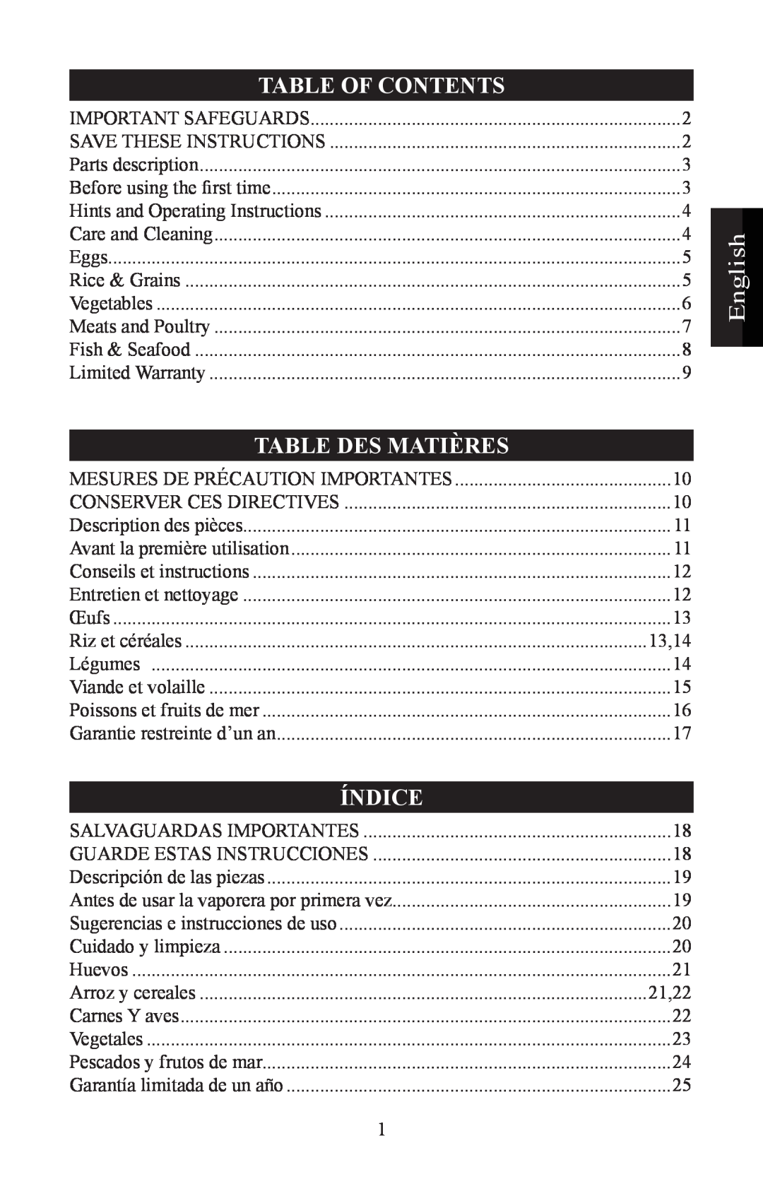 Nesco ST-24 manual English, Table Of Contents, Table Des Matières, Índice 