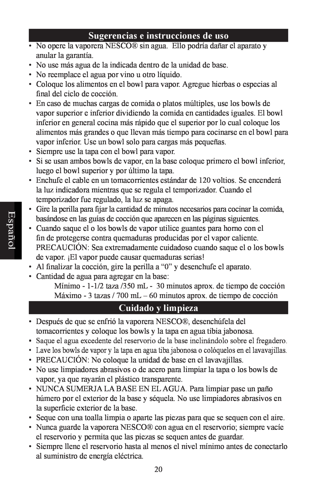 Nesco ST-24 manual Sugerencias e instrucciones de uso, Cuidado y limpieza, Español 