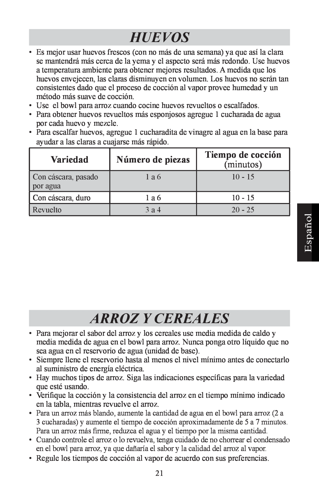 Nesco ST-24 manual Huevos, Arroz Y Cereales, Variedad, Número de piezas, Tiempo de cocción, minutos, Español 