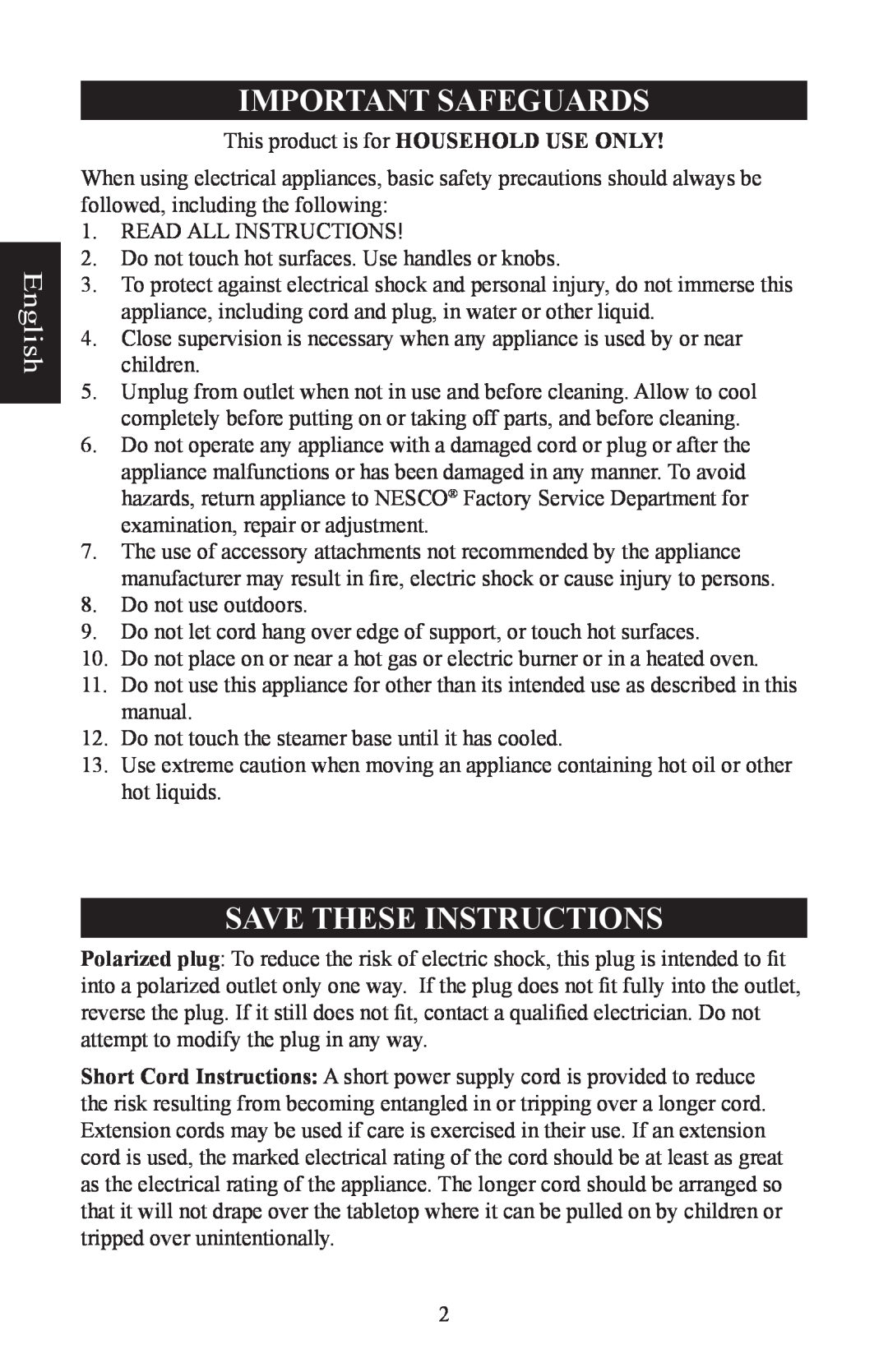 Nesco ST-24 manual Important Safeguards, Save These Instructions, English 