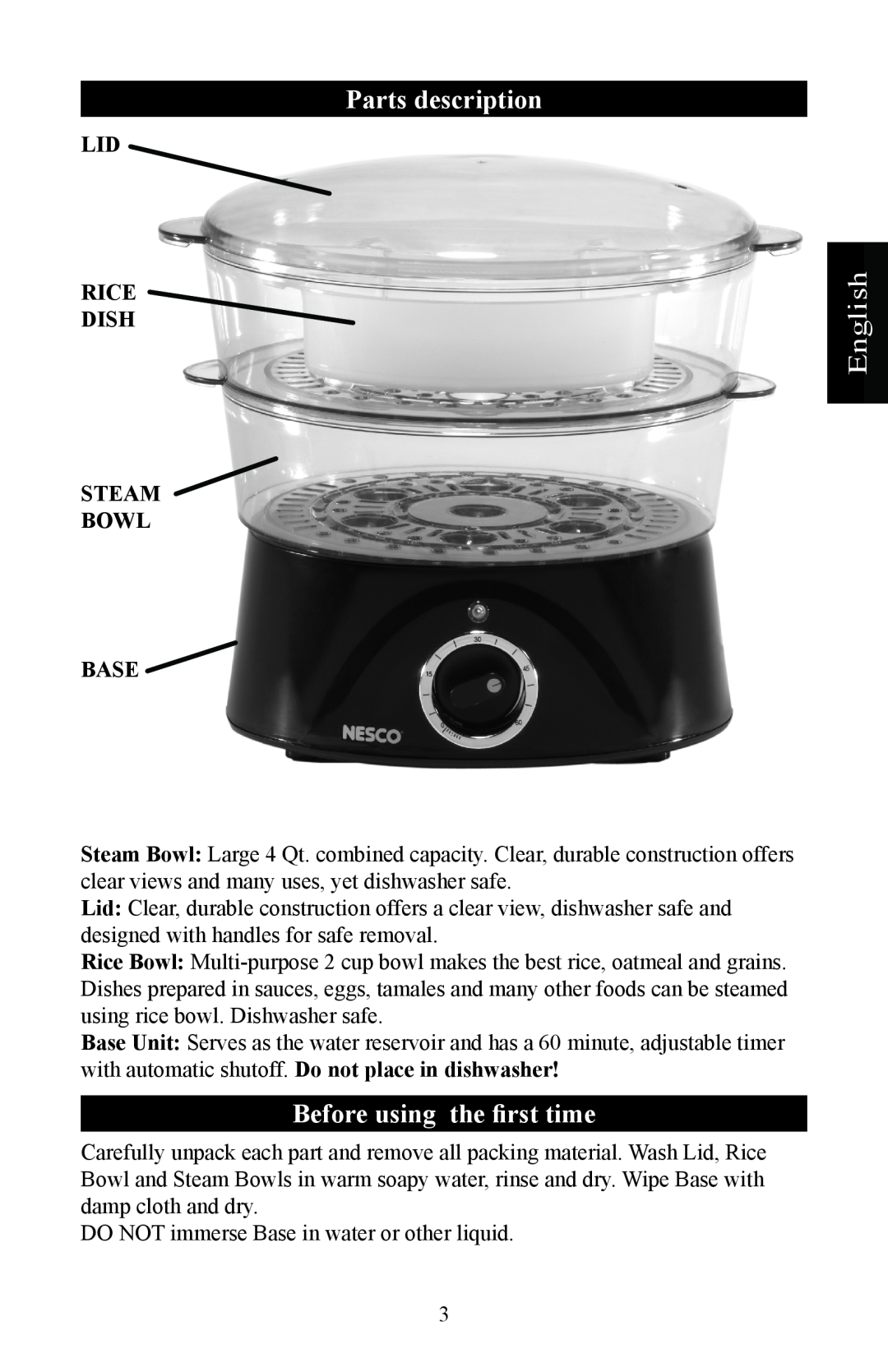 Nesco ST-24 manual Parts description, Before using the first time, English, Lid Rice Dish Steam Bowl Base 