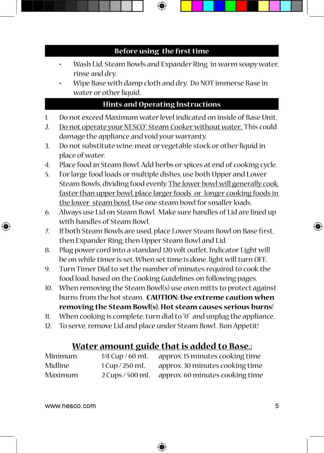 Nesco ST-25 manual Water amount guide that is added to Base, Before using the first time 