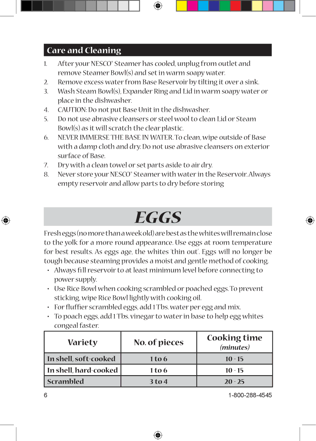 Nesco ST-25 manual Eggs, Care and Cleaning, Variety No. of pieces Cooking time 