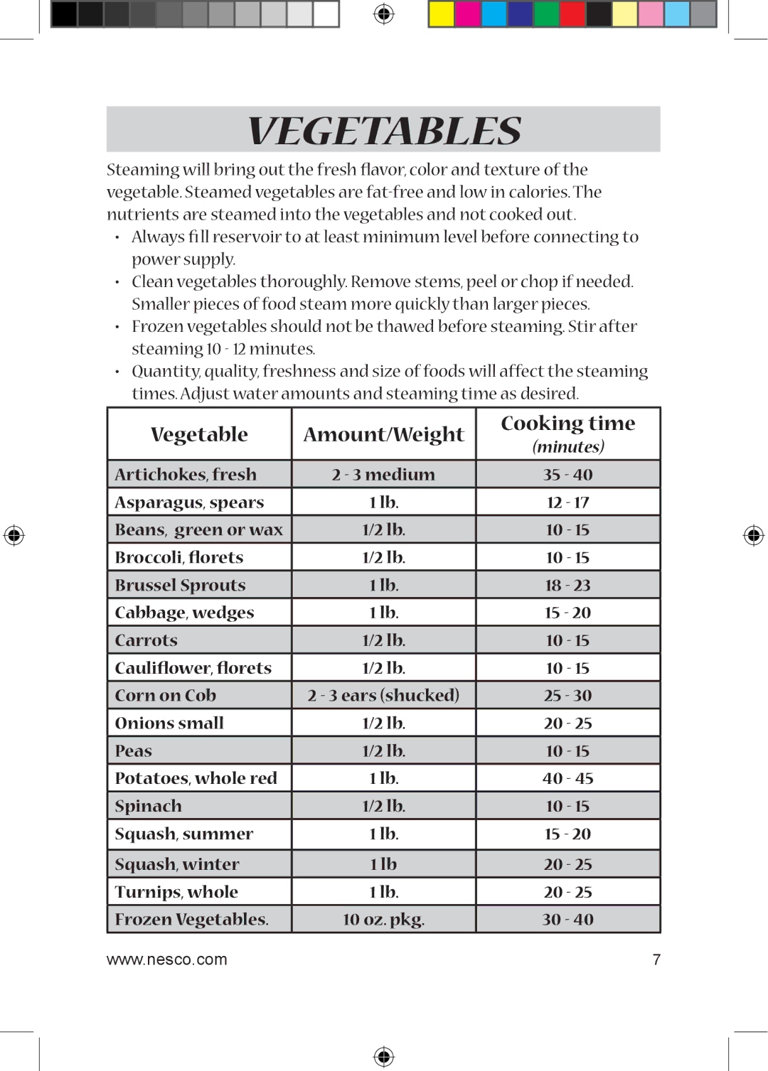 Nesco ST-25 manual Vegetables, Vegetable Amount/Weight Cooking time 