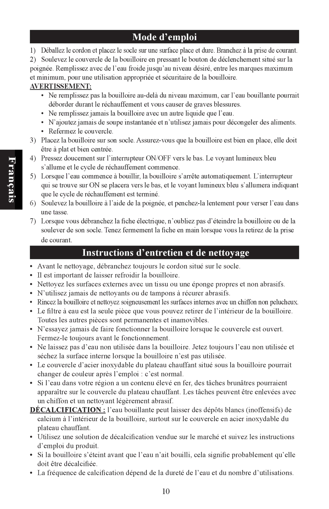 Nesco WK-64 user manual Mode d’emploi, Instructions d’entretien et de nettoyage 