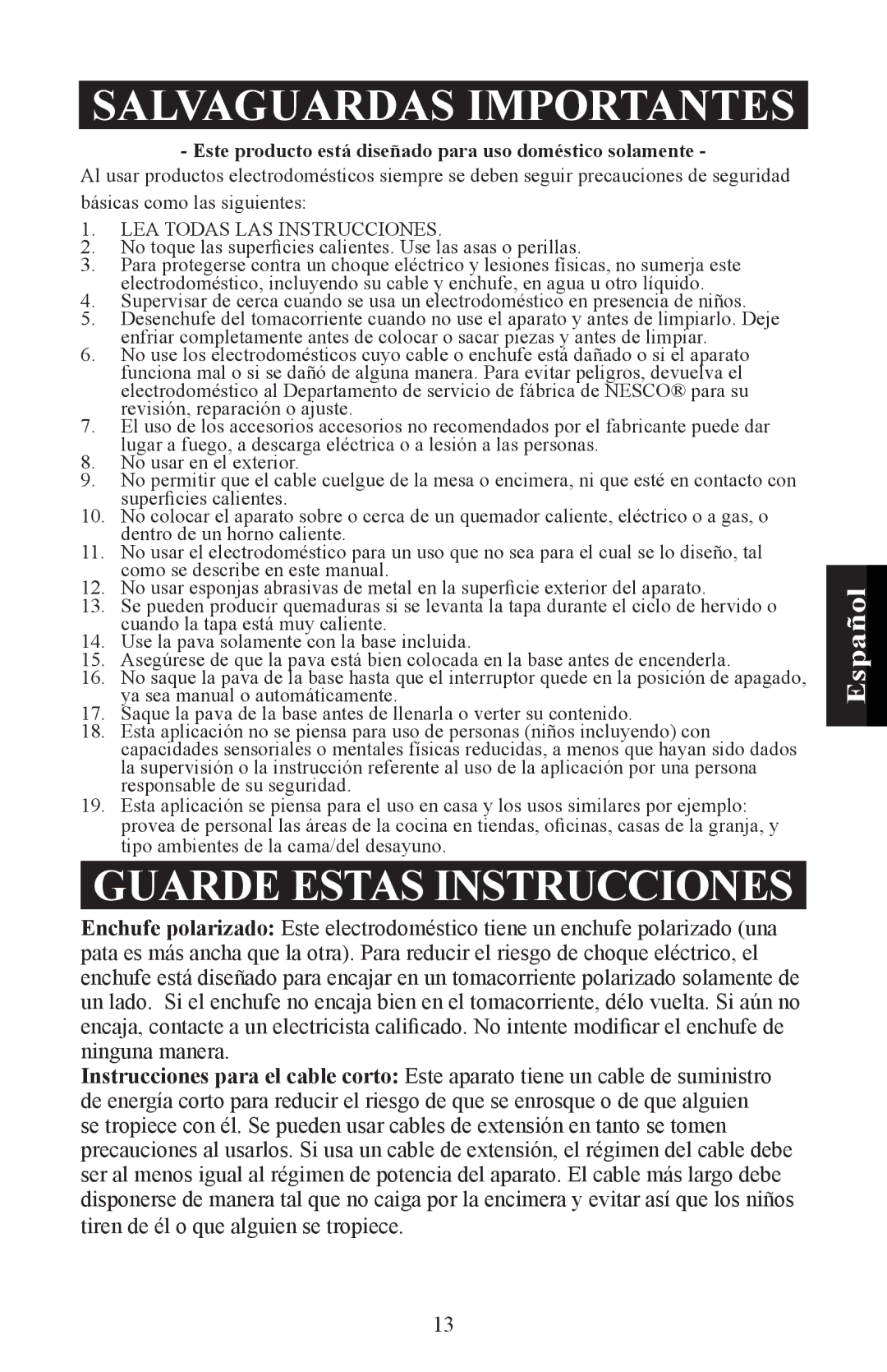 Nesco WK-64 user manual Salvaguardas Importantes 