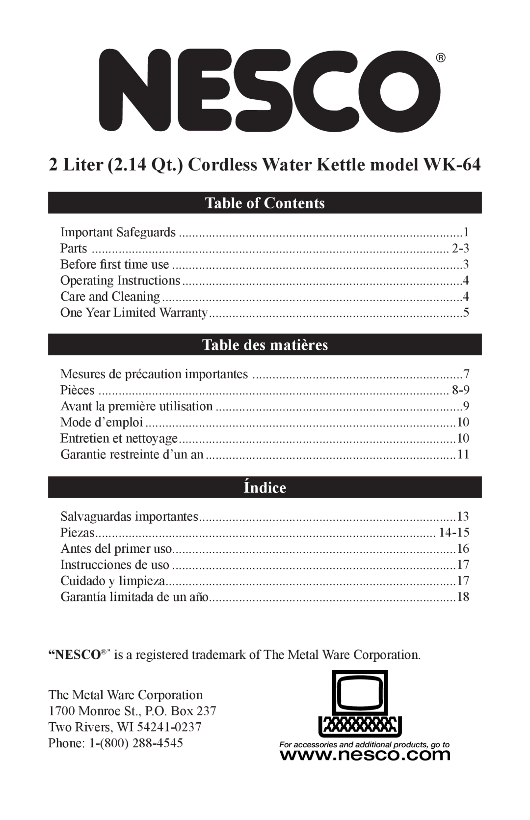 Nesco WK-64 user manual Table of Contents, Índice 