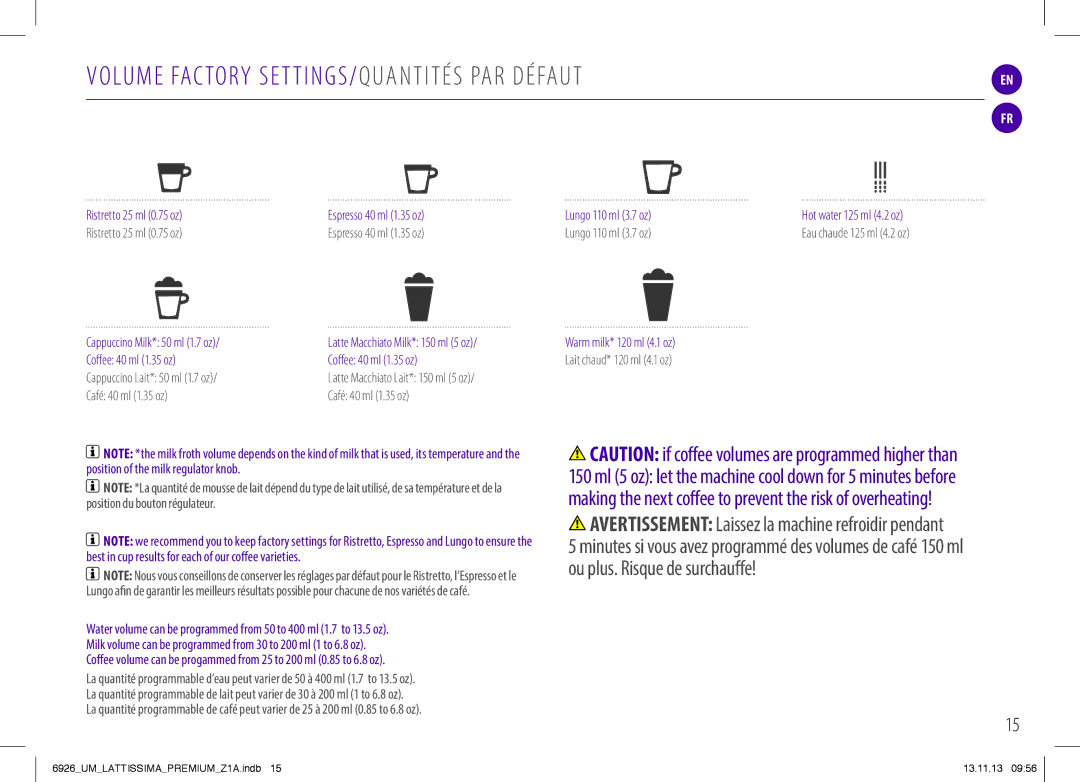 Nespresso 6926_UM manual Volume Factory SET TINGS/ Quantités PAR Défaut 