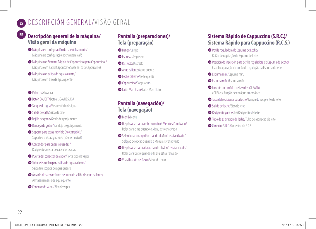 Nespresso 6926_UM manual ES Descripción Gener AL/ Visão GER AL, «CLEAN» função de enxágue automático 