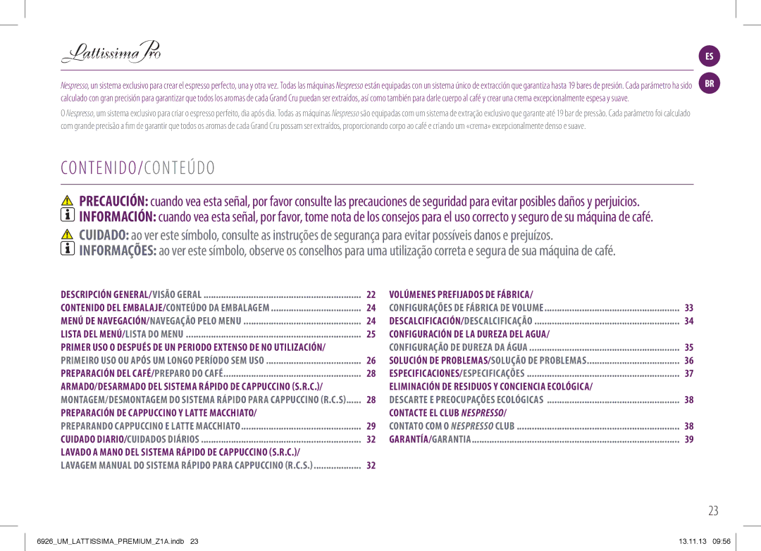 Nespresso 6926_UM manual Co N T E N I D O / Co N T E Ú D O, Volúmenes Prefijados DE Fábrica 