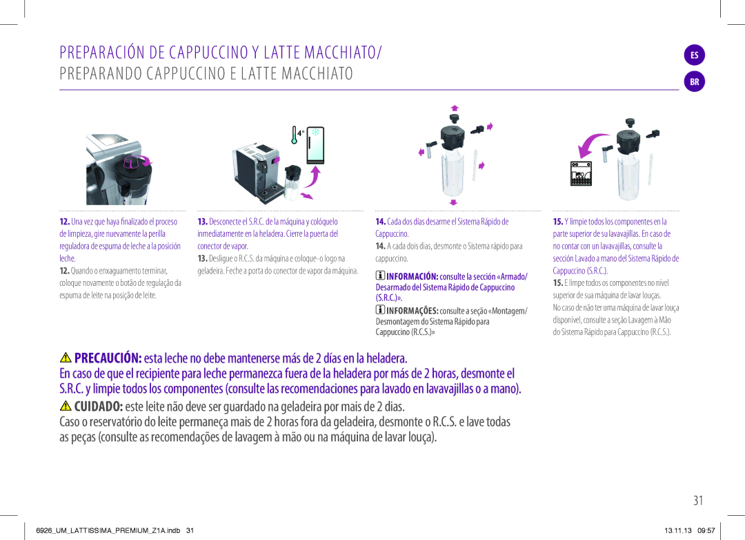 Nespresso 6926_UM manual Cada dos días desarme el Sistema Rápido de Cappuccino 