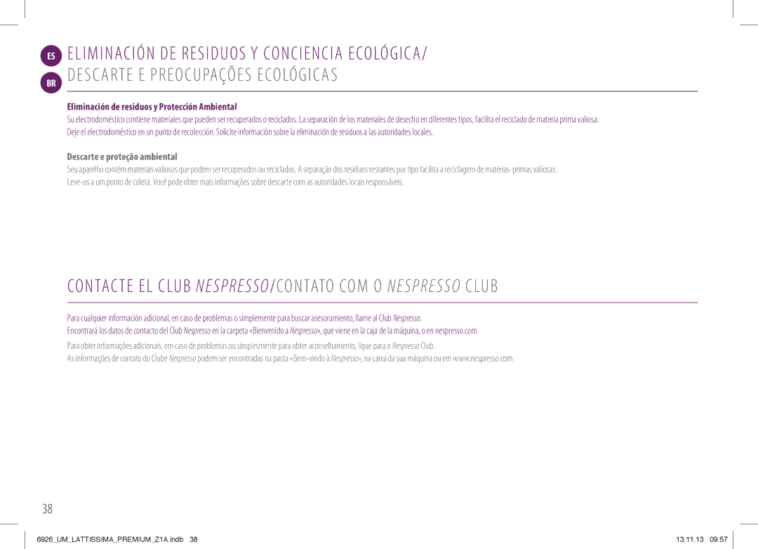 Nespresso 6926_UM manual Eliminación DE Residuos Y Conciencia Ecológica, Descarte E Preocupações Ecológicas 