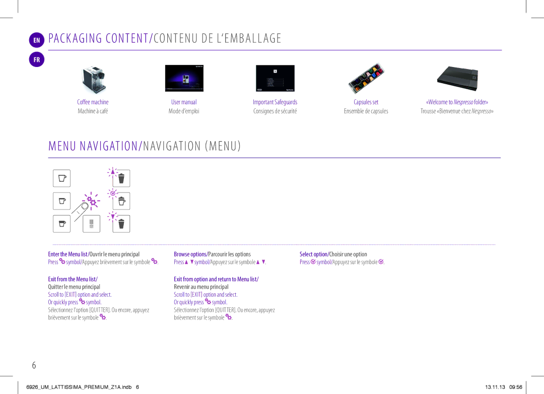 Nespresso 6926_UM manual Menu NAVIGATION/ Navigation Menu, Machine à café, Consignes de sécurité, Revenir au menu principal 