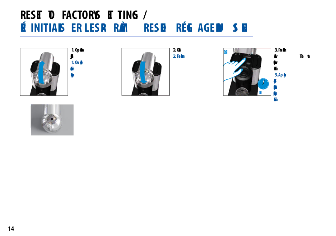 Nespresso GCA1-US-RD-NE manual Rese T to FaCToRY SET tINGS, Close the head, Fermer la machine, Appuyer sur le bouton à 