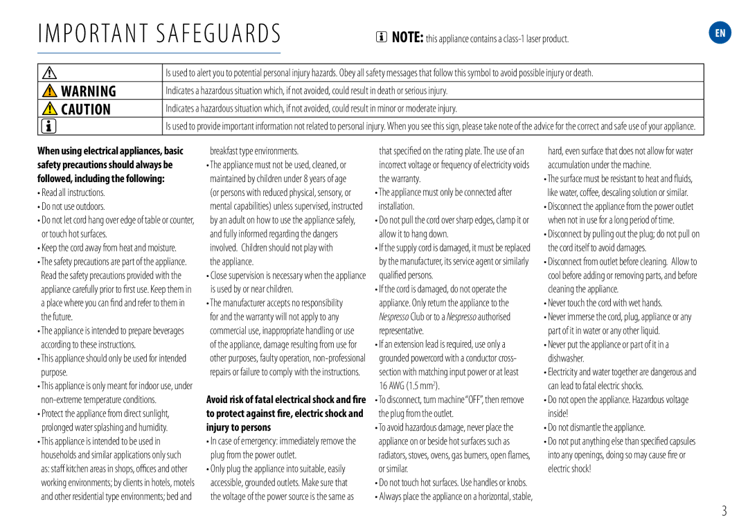 Nespresso A-GCA1-US-BK-NE P ortant Safeguards, Read all instructions Do not use outdoors, Breakfast type environments 