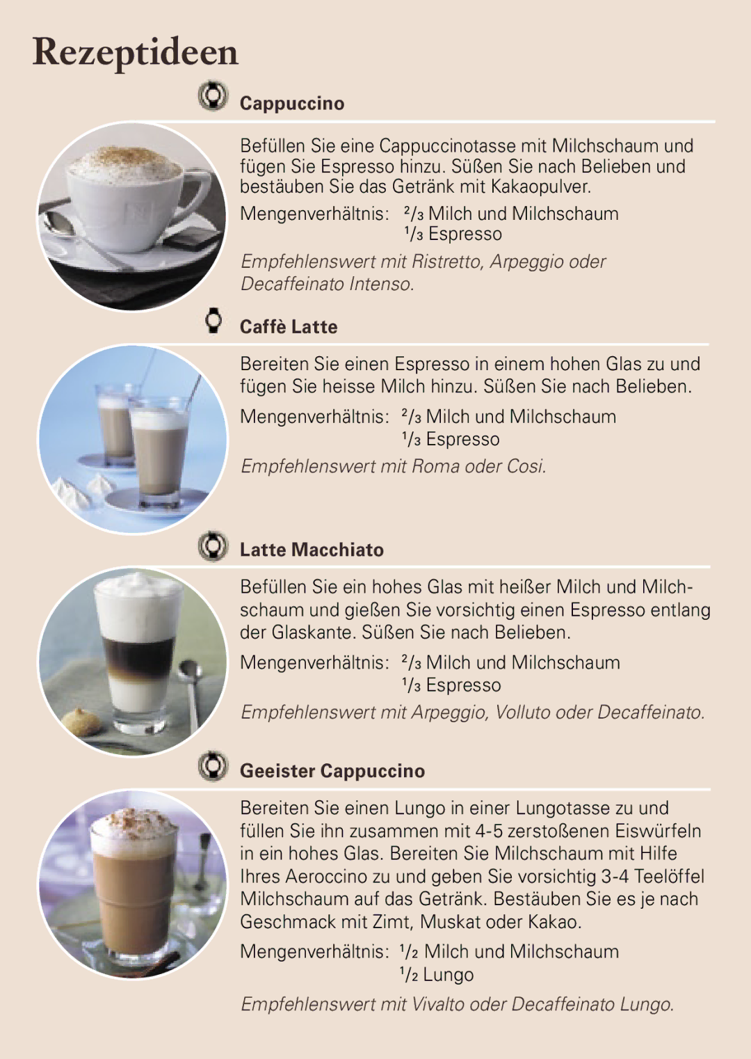 Nespresso AEROCINNO 3190 manual Caffè Latte, Latte Macchiato, Geeister Cappuccino 