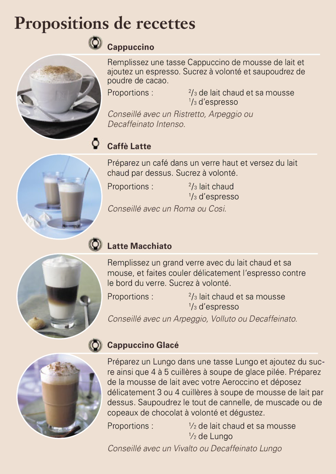 Nespresso AEROCINNO 3190 manual Propositions de recettes, Cappuccino Glacé 