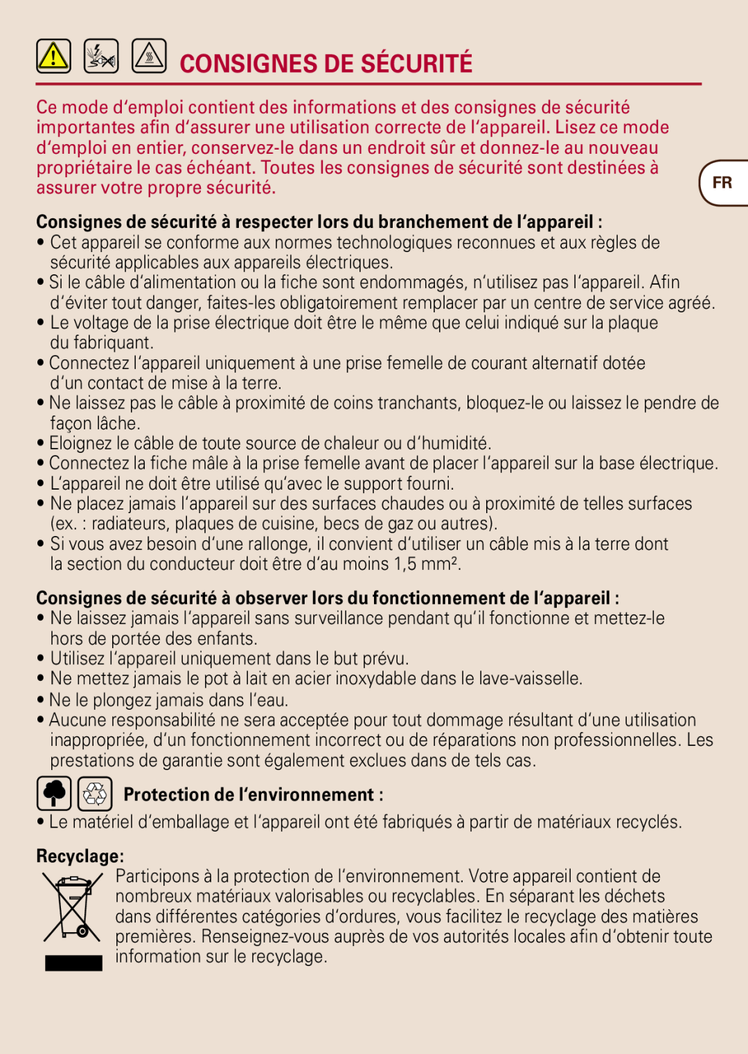 Nespresso AEROCINNO 3190 manual Consignes De Sécurité, Consignes de sécurité à respecter lors du branchement de l‘appareil 